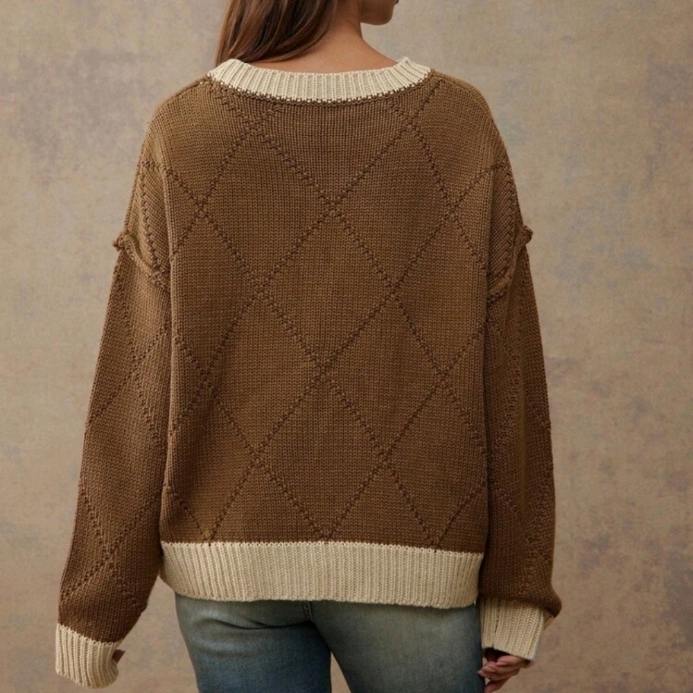 NEW WOMENS DIAMOND STITCH CREWNECK HORSESHOE EMBROIDERED PULLOVER KNIT SWEATER - Picture 2 of 5